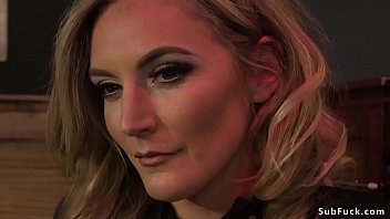 Extreme hot blonde mistress Mona Wales in undergarments plays with her masculine plaything and puts him in different restrain bondage positions