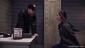 Security guard in strap restrain bondage fucked brunettes mouth and donk