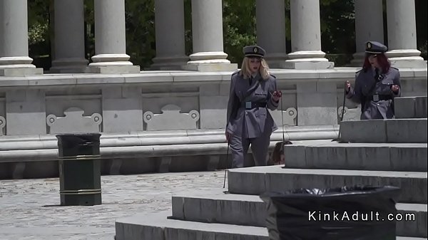 Two naked slave made to crawl in public