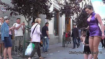 Natural busty slave walked on streets