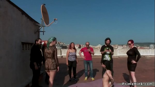 Tied up slut banged outdoor in group