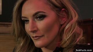 Extreme hot blonde mistress Mona Wales in undergarments plays with her masculine plaything and puts him in different restrain bondage positions