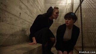 Sexy blonde lesbo domination nun Mona Wales penalizes natural big-boobed black-haired sis Audrey Noir with otk spanking and assfucking strap on fuckpole fucking in Church